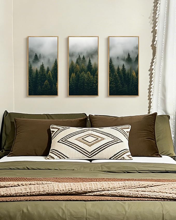 KUVIOKE Nordic Forest Wall Art Framed Misty Pine Tree Modern Prints Ready To Hang for Bedroom 8x16in3pcs Natural Framed