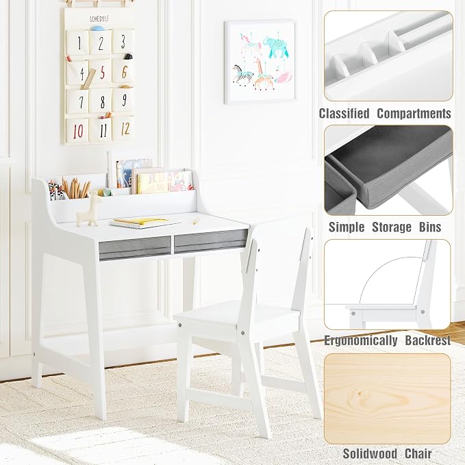 UTEX Wooden Kids Desk and Chair Set with 2 Fabrics Drawers for Study Room | Kids Study Desk with Stand-up Organizer, Water-based Paint, Student Writing Desk for Bedroom