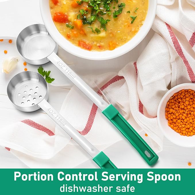 16 Pcs Portion Control Serving Spoons, Restaurant Measuring Serving Ladle Utensils, Portion Control Slotted Scoops for Weight Loss, Solid and Perforated Scoops(Green,4 oz)