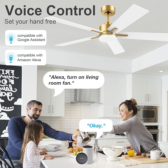 52” Smart Ceiling Fan with LED Lights Remote,Quiet DC Motor,Voice Control via Alexa Google WIFI Phone,Outdoor Indoor Modern Ceiling Fans,Dimmable,for Bedroom Patio Porch,Gold and White Black