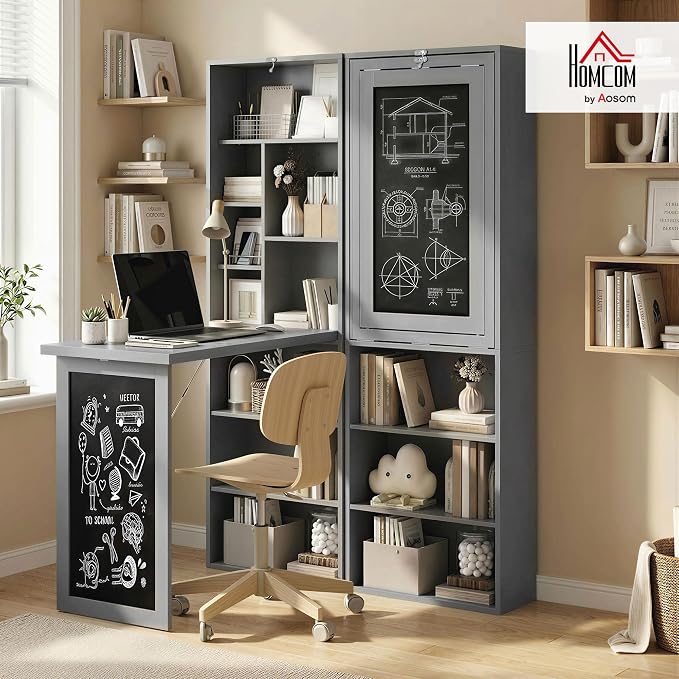 HOMCOM Foldable Desk Wall Mounted Convertible Table for Small Spaces, Gray | Wall Mounted, Space-Saving, Chalkboard, Storage Shelves, for Small Spaces, Home Office, Bedroom, Dorm, Apartment