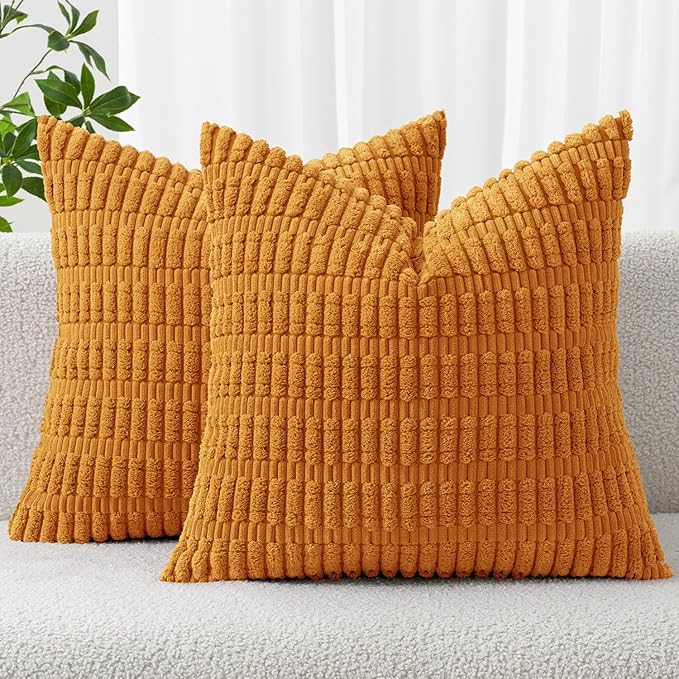 MIULEE Fall Pack of 2 Burnt Orange Corduroy Decorative Pillow Covers 16x16 Inch Soft Boho Striped Throw Pillow Covers Modern Farmhouse Home Decor for Sofa Living Room Couch Bed