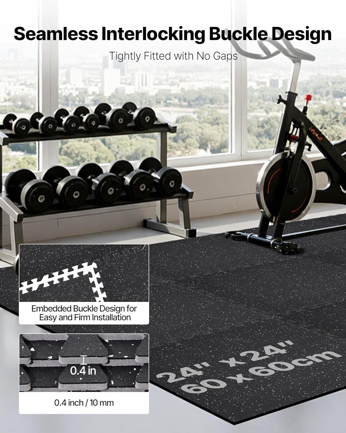 VEVOR Gym Flooring Tiles - 0.4 Inch Thick Interlocking Rubber Mats | 24 x 24 Inch, Black & White, 96 sq.ft