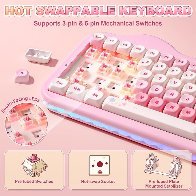 YUNZII C75 Cute 75% Wireless Mechanical Keyboard (Pink, Candy Switch) | Creamy Cake Keyboard, BT5.0/2.4G/USB-C, Hot-Swap, NKRO, PBT MOA Keycaps,5500mAh RGB Gasket Mount for Mac/Win/Gaming/Office
