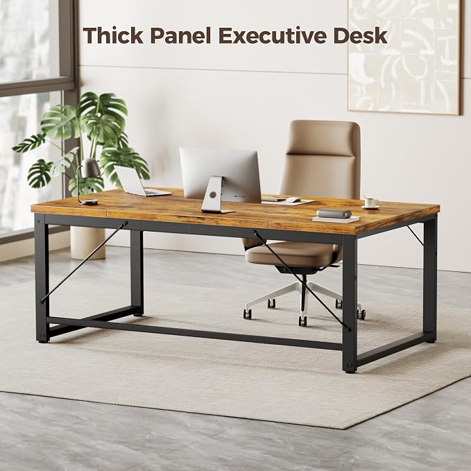 Mericonia 63x28 Inch Computer Desk, 1" Thick Large Office Table, Brown | Modern Simple Style, Heavy Duty Industrial Frame, Large Study & Writing Table for Home Bedroom Work