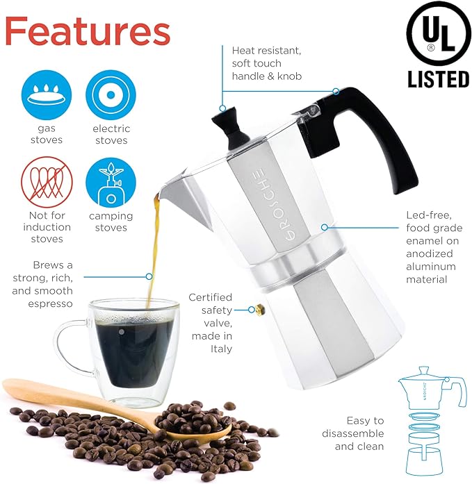 GROSCHE Milano Moka Pot | 9 Espresso Cup - 15.2 oz | Stovetop Espresso Percolator & Coffee Maker – Portable, Ideal for Home and Camping | Cuban Coffee Maker And Italian Moka Pot For Stovetop Espresso; For Gas, Electric, And Propane Stoves With A Soft-T...