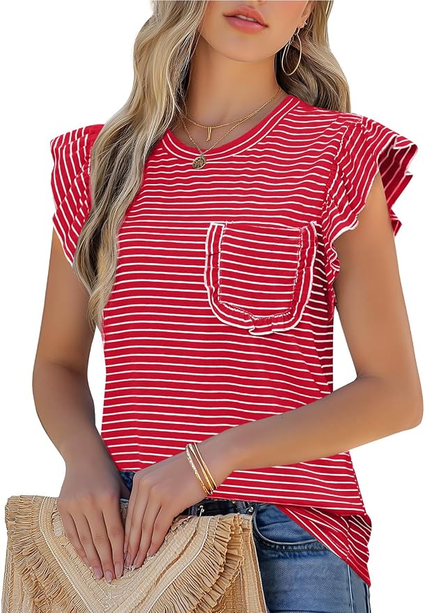 JUSTFASHIONNOW Womens Summer Tops Striped T-Shirts 2026 Ruffle Short Sleeve Crew Neck Casual Blouses with Pocket