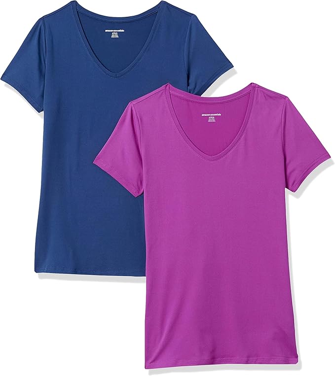 Amazon Essentials Women's Active Quick Dry Tech Stretch Short-Sleeve V-Neck T-Shirt (Available in Plus Size), Pack of 2