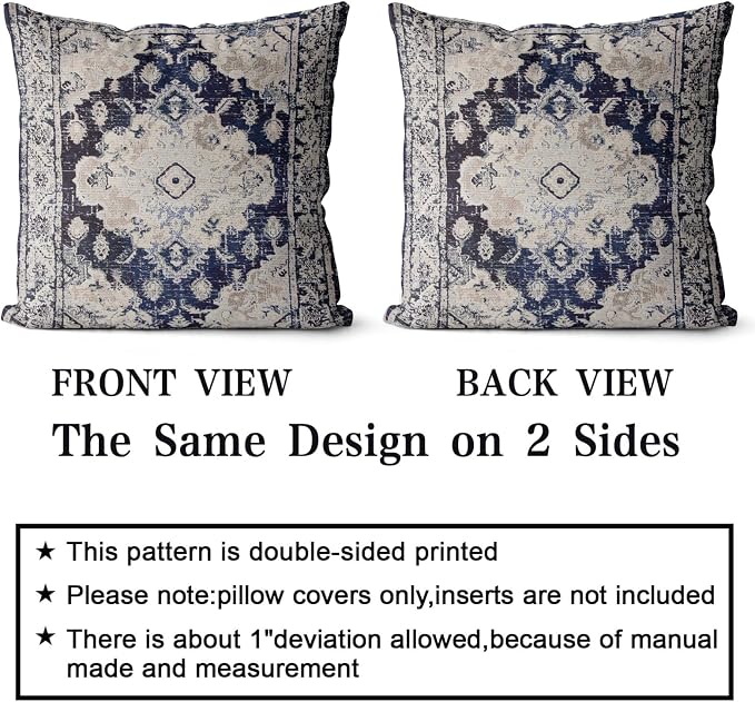 Snycler Boho Throw Pillow Covers 20x20 inch Set of 2 Boho Rug Carpet Double Sided Pattern Cotton Soft Pillow Case Cushion Cover Pillowcase for Couch Sofa Bed Decorative (Navy Blue)
