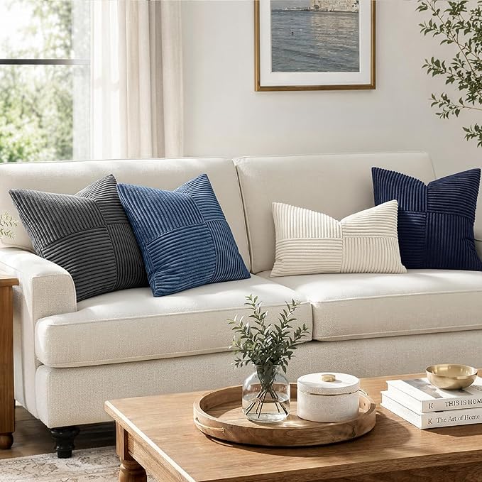 MIULEE Cream White Decorative Lumbar Throw Pillow Covers 12x24 Inch 2 Pack | Beige Neutral Boho Farmhouse Pillow Covers, Soft Cross Corduroy Patchwork Textured Cushion Cases For Couch Sofa Bed