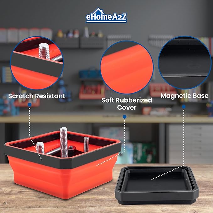 EHOMEA2Z Collapsible Magnetic Parts Tray Set, 4.5” Square Silicone Foldable Bowls With Magnetic Base, Ideal For Screws, Bolts, Nuts, Washers, Pins, And Small Metal Parts (Red/Black,2Pc)