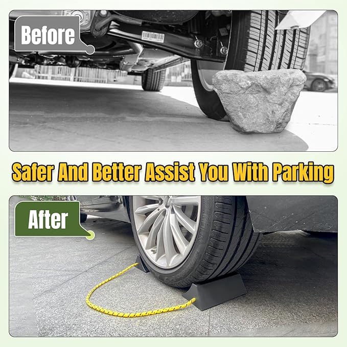 ROBLOCK Upgrade Wheel Chocks for Lightweight Travel Trailer Light Truck Car Tractor, Sturdy Simple Easy to use,Tires Light Block Stopper Chock with Nylon Rope Yellow Reflective Tape (4pack)