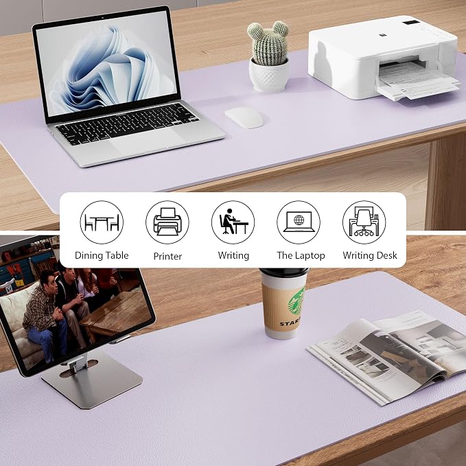 Aothia Faux Leather Desk Mat – Large Mouse Pad, Non-Slip PU Leather Blotter, Waterproof Writing Surface for Office and Home (Soft Lavender, 47.2" x 23.6")