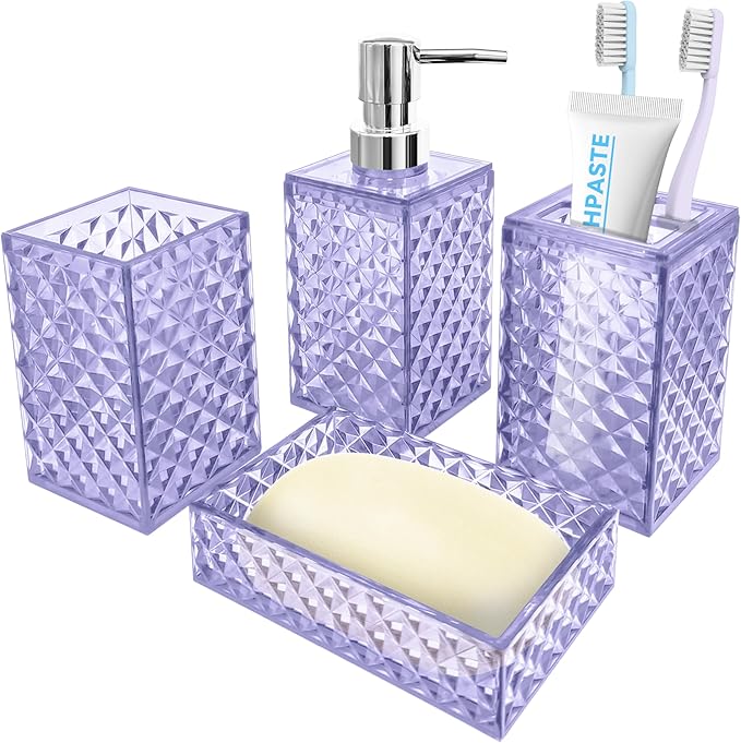 Bathroom Accessory Set, 4 PCS Light Purple Bathroom Accessories Set, Soap Dispenser and Toothbrush Holder Set, Soap Dish and Mouthwash Cup, Boho Bathroom Decor, Bathroom Sets Accessories