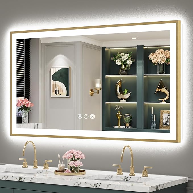 50x30 Gold LED Bathroom Mirror with Lights, Brushed Gold Framed Backlit and Front Lit Anti-Fog Lighted Vanity Mirrors for Bathroom Wall, Dimmable, 3 Colors, Memory, HD Tempered Glass, CRI＞90