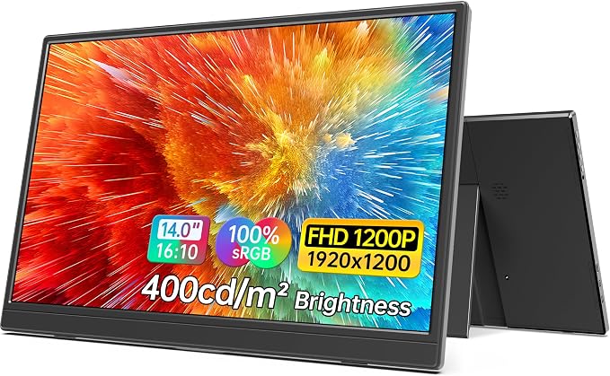 MNN Portable Monitor 14 inch FHD 1920 * 1200P USB C HDMI Ultra-Slim IPS Travel Display w/Speakers, HDR Plug&Play, External Monitor for Laptop PC, Phone,Mac(400cd/m² Brightness) | 14" 16:10 1200p IPS 400nit HDR, USB-C/HDMI, speakers, ultra-slim, plug&pl...