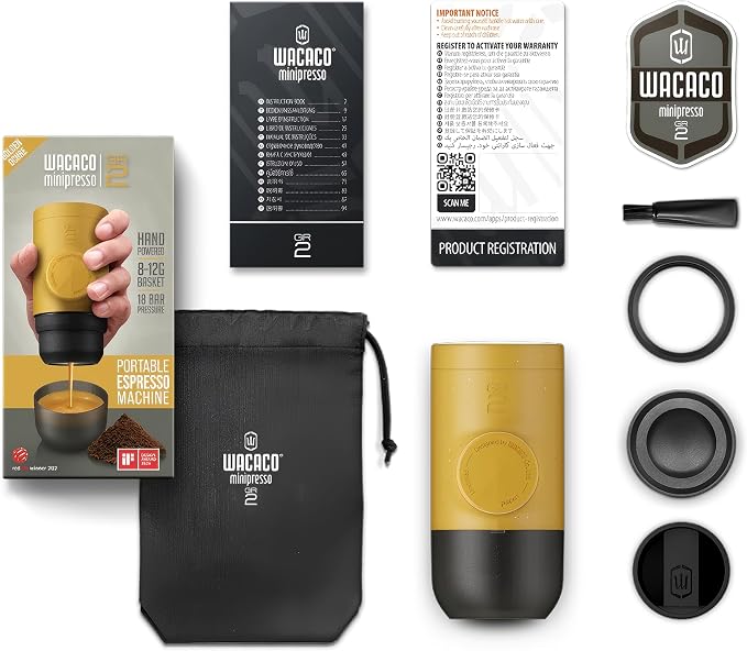 WACACO Minipresso GR2, Portable Espresso Maker Compatible Ground Coffee, Espresso Machine 18 Bar Manually Operated (Golden Ochre)