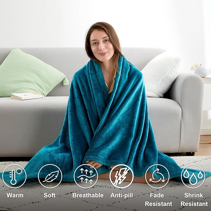 Hansleep Throw Teal Fleece Blanket, Soft Flannel Bed Blanket | Fuzzy Cozy Blanket 50x60 Inches, Multi-use for Bed, Sofa, Couch, Travel, Camping, All Season Warm Lightweight Cover