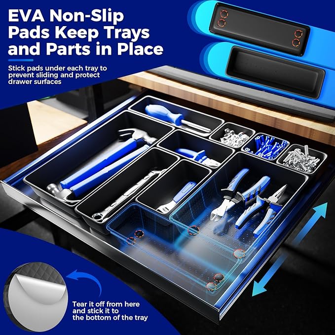 70 PCS Tool Box Organizer Tray & Desk Drawer Organizer Set, 5 Size Interlocking Bins for Garage Tool Storage, Mechanic Tool Chest, Rolling Cart, Workbench Drawers with EVA Non Slip Pads