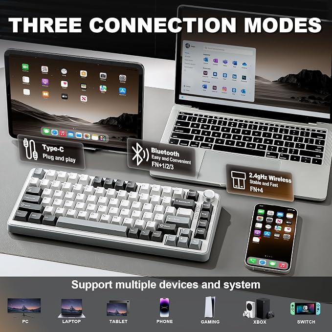 YUNZII B75 PRO 75% Wireless Mechanical Keyboard (Grey, Cocoa Cream V2) | Hot Swap Keyboard with Knob, Gasket Mount, Creamy Pre-lubed Switch for Smooth Typing, BT/USB-C/2.4G, for Gaming