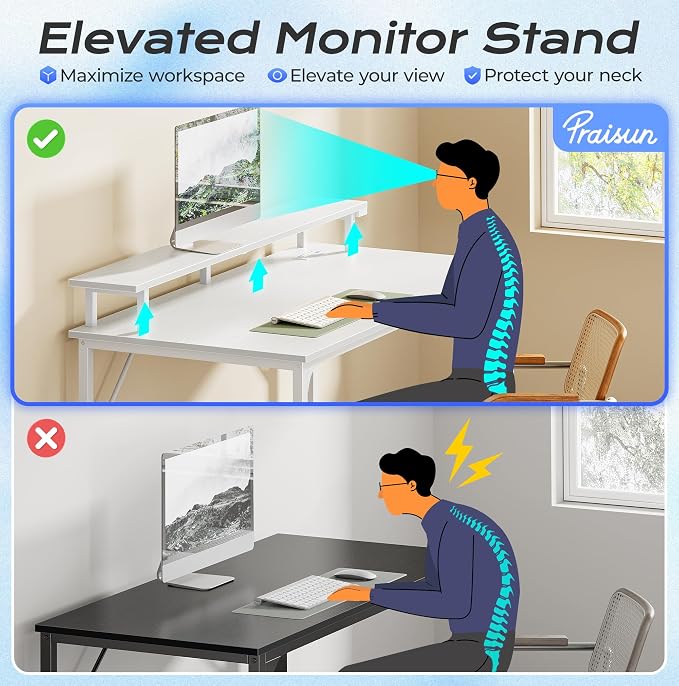 PRAISUN 40 inch Gaming Desk, LED & Power Outlets, Monitor Stand, White | Sturdy PC Desk for Home Office, Study & Work, LED Lights, 4 AC Outlets & USB-C Charging Station
