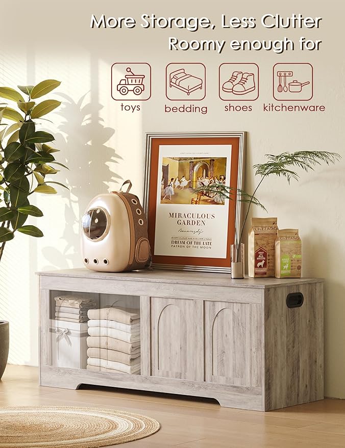 Storage Chest, Wooden Toy Box, Greige 50.0" L | Extra Large Storage Bench, 2 Soft-close Hinges, Finger-safe Flip-Top Lid, Easy Assembly, Farmhouse Trunk, Living Room/Bedroom
