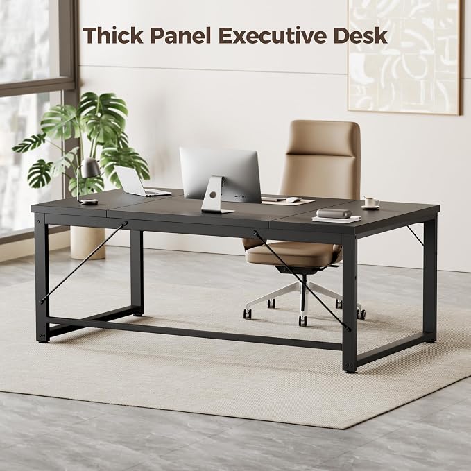 Mericonia 63 Inch Computer Desk, 1" Thick Large Office Table, Black | Modern Simple Style, Heavy Duty Industrial Frame, Large Study & Writing Table for Home Bedroom Work