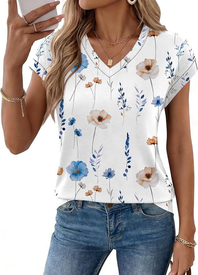Rapbin Womens Summer Tops Women Blouses Dressy Casual V Neck T Shirts Short Sleeve Spring Tops for Women