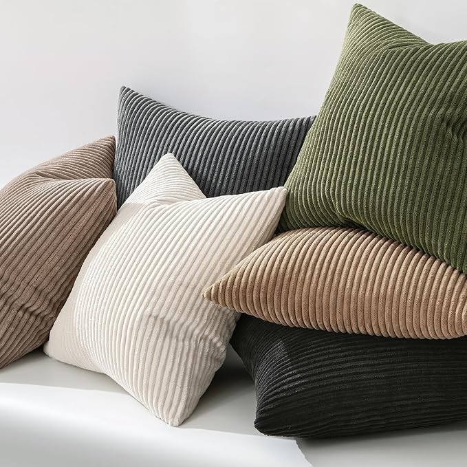 MIULEE Decorative Corduroy Throw Pillow Covers Set of 2 18x18 Olive Green | Soft Striped Textured Cushion Cases, Boho Natural Greenery Pillowcases for Home Decor, for Couch Chair Sofa Bed Living Room