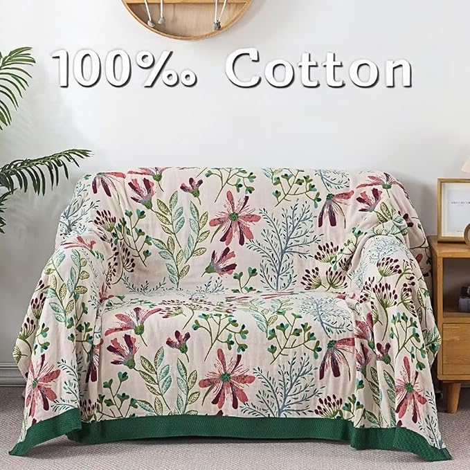 Boho Throw Blanket for Bed 100% Cotton Bohemian Blankets Ultra Soft Woven Muslin Decorative Blankets All Seasons Vintage Quilt Knitted Blanket for Sofa Chair(Green, 60"x80")