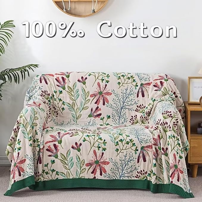 Boho Throw Blanket for Bed 100% Cotton Bohemian Blankets Ultra Soft Woven Muslin Decorative Blankets All Seasons Vintage Quilt Knitted Blanket for Sofa Chair(Green, 50"x60")