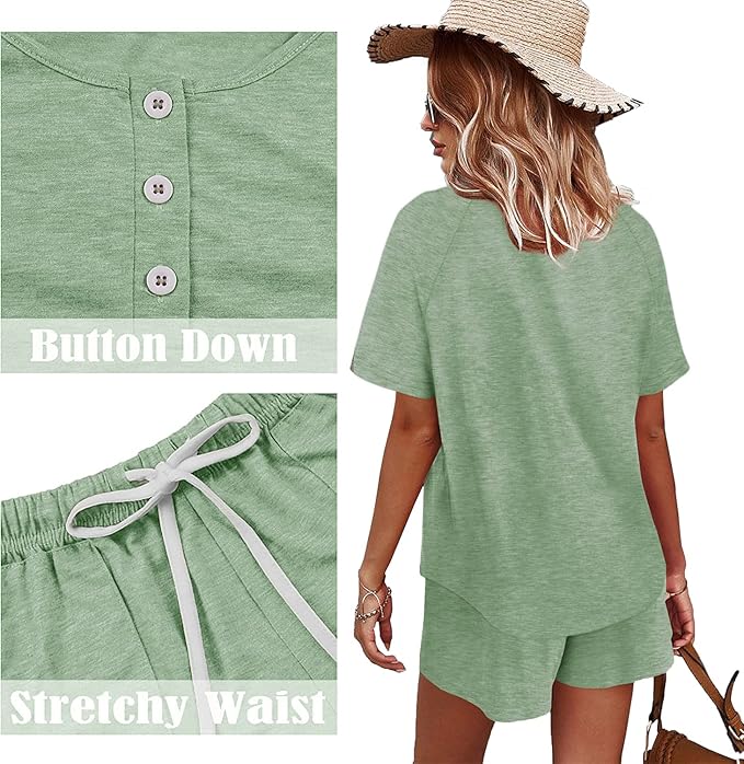 WIHOLL Two Piece Outfits for Women Lounge Sets Button Down Top and Shorts Set Sweatsuits with Pockets