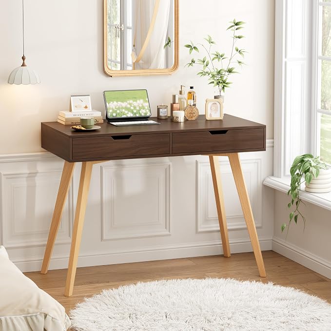 FOTOSOK White Computer Writing Desk with 2 Drawers, Small Desk Makeup Vanity Table Wood Desk with 4 Oak Legs, Modern Home Office Desk Console Study Table, Walnut