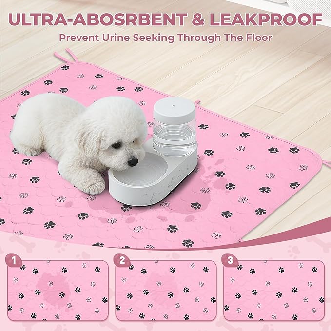 Fostanfly Washable Pee Pads for Dogs, 2 Pack Large 31"x36" Ultra-Absorbent and Leak-Proof Non-Slip Reusable Potty Training Pads for Dogs, Cats, Puppy, Potty of Add 8 Lanyards, Pink