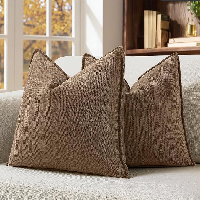 MIULEE Pack of 2 Dark Brwon Decorative Chenille Pillow Covers 20x20 Inch | Soft Couch Throw Pillows,Farmhouse Cushion Covers with Elegant Design for Sofa,Bedroom,Living Room,Spring Home Decor