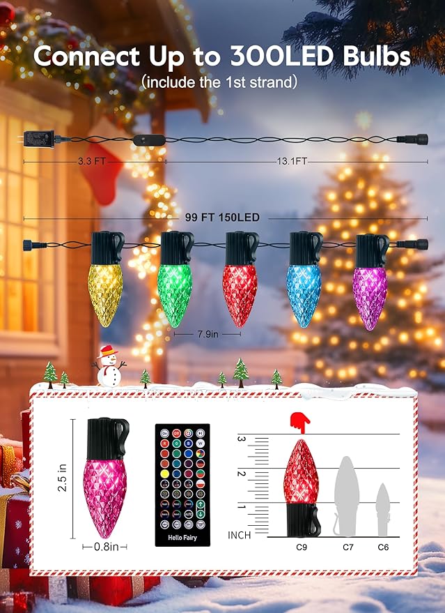 Brightown Smart C9 Christmas Lights Outdoor, 150 LED Christmas Color Changing Fairy Lights App Control, Music Sync, RGB, Shatterproof Connectable C9 String Lights for Tree House Indoor Xmas Decor