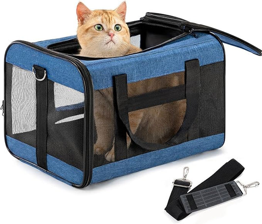 Cat Carrier Airline Approved, Soft-Sided Dog Carrier with Inner Safety Leash, Pet Transport Carrier for Small-Medium Cats Puppies up to 15 Lbs, Collapsible Travel Kitten Carrier Bag -Blue M