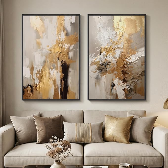 Large Framed Neutral Abstract Wall Art, 2 Piece Modern Canvas Prints Paintings, Beige Gold Abstract Pictures for Living Room Hallway Dining Room Bedroom Office Wall Decor 24x36 In