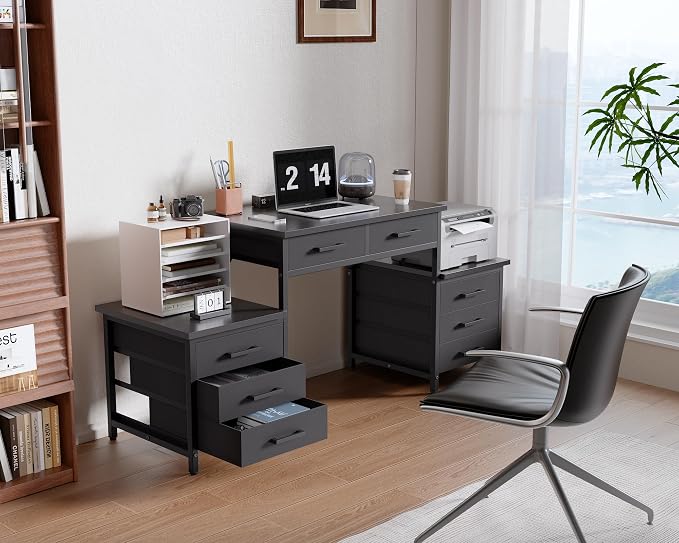Pamray 63 Inch Office Desk with 8 Drawers and Printer Shelves for Computer | Space-saving, Ample Storage, Large Workspace, Easy Assembly, Sturdy, Suitable for Home Office Study Gaming, Bedroom and Dorms