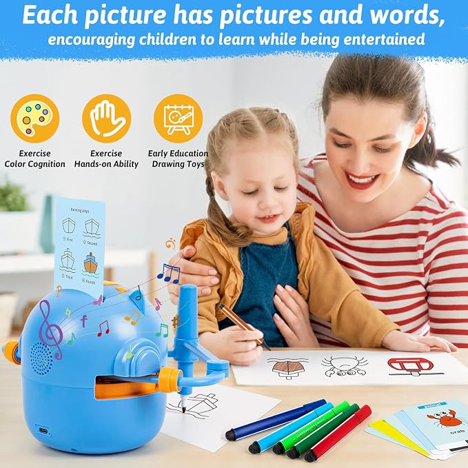 TREEFIA Drawing Robot for Kids, Drawing Robot for Kids 6 7 8 9 10 11 12 Year Old, Doodle Bot Toy with 100 Drawing Cards & 16 Color Pens for Girls and Boys