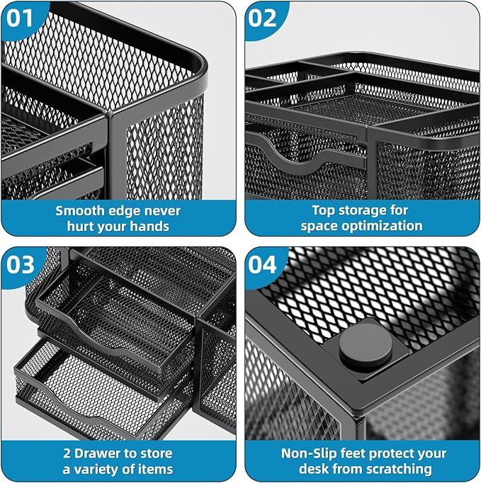 Marbrasse Mesh Desk Organizer, Pen Organizer with 2 Drawer, Multi-Functional Pencil Holder, Desk Organizers and Accessories with 5 Compartments + Drawer for Office Art Supplies (Black)