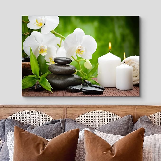 wall26 Canvas Print Wall Art Basalt Stones & Orchids on Wood Panel Nature Floral Photography Realism Rustic Colorful Multicolor Ultra for Living Room, Bedroom, Office - 16"x24"