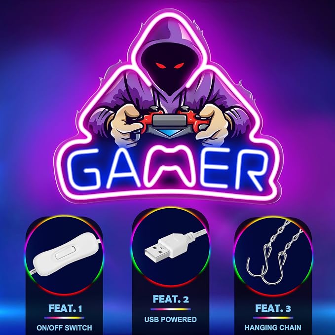 Kavaas Gamer Neon Sign, UV Printed Gaming Neon Sign for Gamer Room Decor - LED Video Game Neon Lights for Bedroom Boys, Gaming Wall decor - Best Gamer Gifts for Teenage Boys, Christmas
