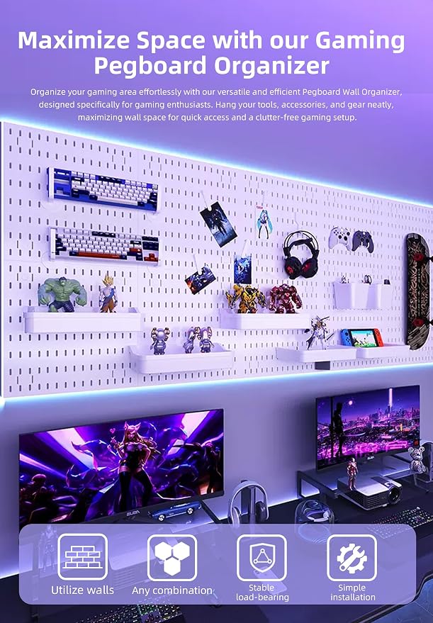 Pegboard Wall Organizer Kit, Modular Storage System, White | 4 Modular 11.8" Pegboards with Hooks & Storage Baskets, Durable ABS/HIPS for Gaming, Office, Craft & Home Organization