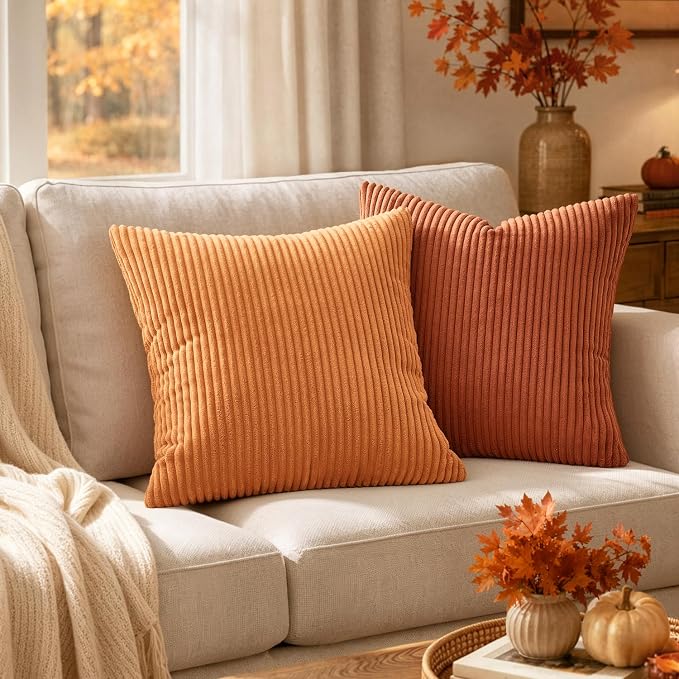 MIULEE Fall Decorative Corduroy Throw Pillow Covers Set of 2 18x18 Rust | Soft Striped Textured Cushion Cases, Boho Rustic Square Pillowcases for Home Decor, for Couch Chair Sofa Bed Living Room