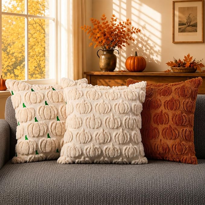 DFXSZ Fall Pillow Covers 18x18 2Pcs Beige Pumpkin Fall Decorations for Home | Fall decor Set of 2 Throw Pillow Cases Soft Plush Faux Fur Wool Couch Cushion for Chair Sofa Bedroom Living Room Home Decor