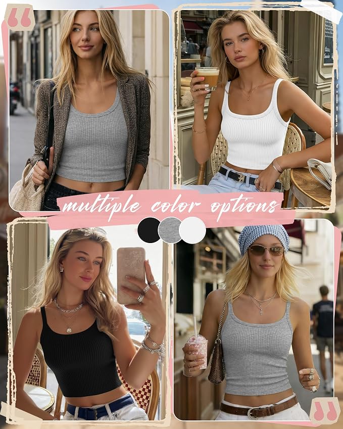 Ficerd 3 Pack Women's Tank Tops 95% Cotton Spaghetti Strap Ribbed Crop Camisole Slim Fitted Basic Summer Sleeveless Layer