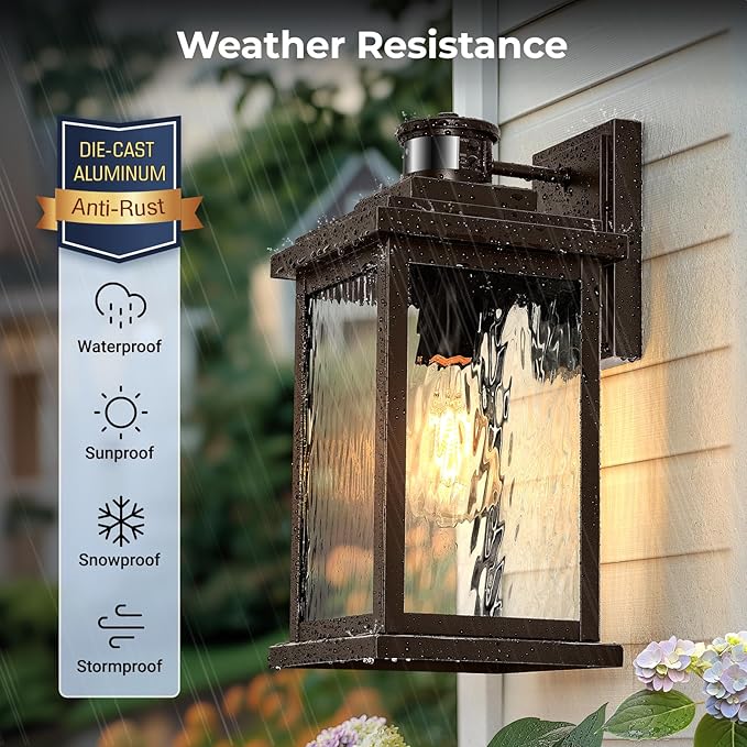 VIANIS Large Adjustable-Sensitivity Motion Sensor Outdoor Lights, Oil-Rubbed Bronze Porch Light with Tempered Ripple Glass, Aluminum Waterproof Outdoor Light Fixture, Exterior Lights for Garage