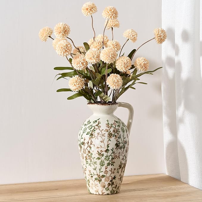 Green and Beige Antique Vase, 8.9 Inch Vintage Chinoiserie Floral Vase, Rustic Ceramic Vase for Home Decor, Living Room, Bookshelf, Office, Entryway, Garden, Chinoiserie Decor, Tuscan Decor