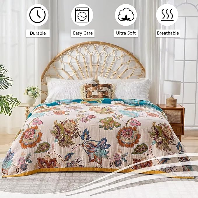 Boho Throw Blanket Farmhouse Decor Throw Blanket Bohemian Blanket for Bed 100% Cotton Muslin Woven Couch Blanket All Seasons Quilt Bedroom (B-Beige, 90"x98")